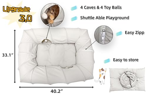 XxingSheep 4 Ways Shuttled XL Cat Tunnel Bed for Indoor Cats Peekaboo Cat Cave Donut with Cool Mat