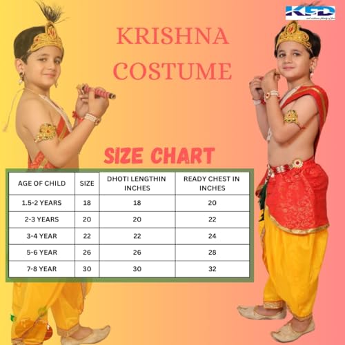 Image of Kaku Fancy Dresses Krishna Costume With Dhoti For Boy /Janmashtami /Bal Gopal Dress /Kanha Costume /Bal Krishna /Mythological Costume For Boy - Yellow-Red, 1-2 Years