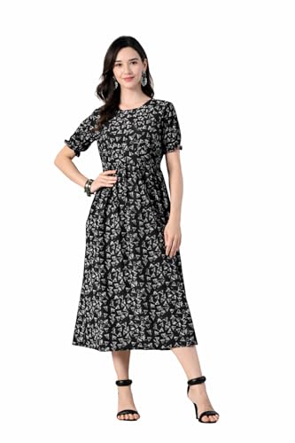 Image of Ichaa Women's Blue Cotton Printed Maternity Dress with Feeding Zips and Pocket| in Plus Sizes