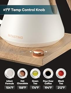 INTASTING Electric Kettle, Gooseneck Electric Kettle, ±1℉ Precise Temperature Control, Stainless Steel Interior, Quick Heating for Pour Over Coffee, Tea & Boiling Water, 0.9L (Cream White)