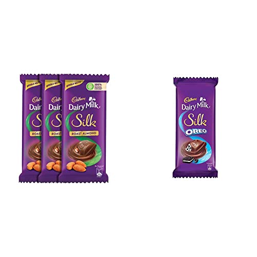 Image of Cadbury Dairy Milk Silk Roasted Almonds Chocolate Bar, 143g (Pack of 3) & Dairy Milk Silk Oreo Chocolate Bar, 2 x 130 g