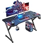 HLDIRECT 55 Inch Gaming Desk with LED Lights, Ergonomic Computer Gaming Table with Carbon Fibre Surface, Sturdy PC Workstation Desk for Gaming and Home Office with Headphone Hook, Cup Holder, Black