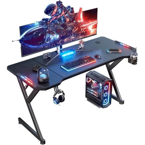 HLDIRECT 55 Inch Gaming Desk with LED Lights, Ergonomic Computer Gaming Table with Carbon Fibre Surface, Sturdy PC Workstation Desk for Gaming and Home Office with Headphone Hook, Cup Holder, Black