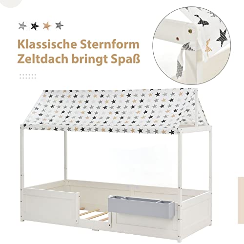 Huisbed, speelbed met stoffen tentopzetstuk, met opbergdoos, 3 combinaties, valbeveiliging, kinderbed, lattenbodem in grenenhout, 90 x 200 cm, zonder matras, wit - Afbeelding 8