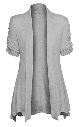 Womens Open Front Ruched Short Sleeve Shark Bite Hem Casual Plus Size Cardigan, Heather Gray, XX - Large
