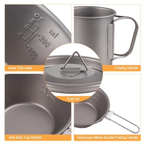 Doorslay Camping Cutlery Titanium Cup Bowl Spork Titanium Set of 3 Tableware Outdoor Coffee Cup Mug Picnic Set Folding Camping Cookware for Outdoor Camping Hiking - Image 3