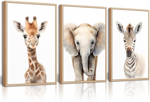 BeiYiHo 3 Affiche Savane Bebe Poster Bebe Garcon Elephant Girafe Zebre Tableau Decoration Murale Chambre Bébé 30X40CM Toile Animaux Foret Deco Murale Beige...