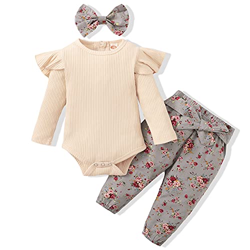 Newborn Girl Outfits Fall Infant Baby Girl Clothes Winter Cute Baby Girl Gifts Long Sleeve Apricot Ruffle Romper Top Floral Pants Baby Girl Clothes 3-6 Month