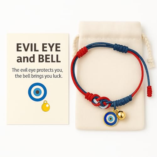 Evil Eye Bracelet with Bell for Women and Men, Red White Blue Adjustable Rope, Good Luck Protection, Red String Design2