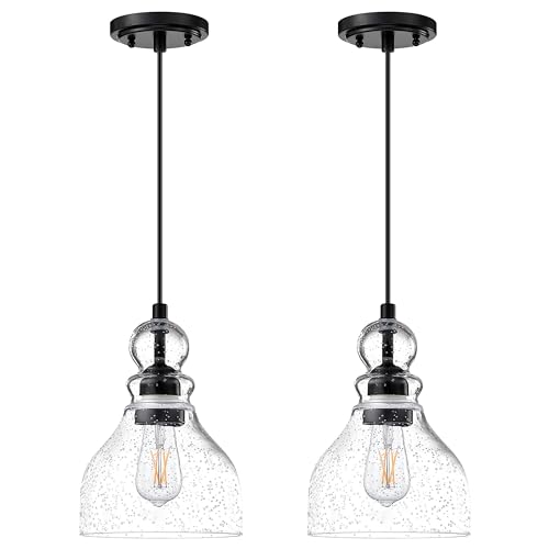Dolaimi House 2 Pack 1 Light Pendant Ceiling Light Adjustable Cord Kitchen Island 6.5'' Seeded Glass...