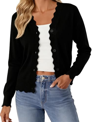 HAWILAND Cardigans for Women Uk V Neck Lightweight Ladies Cozy Knit Sweaters Office Wear Button Up Long Sleeve Elegant-Black-Medium