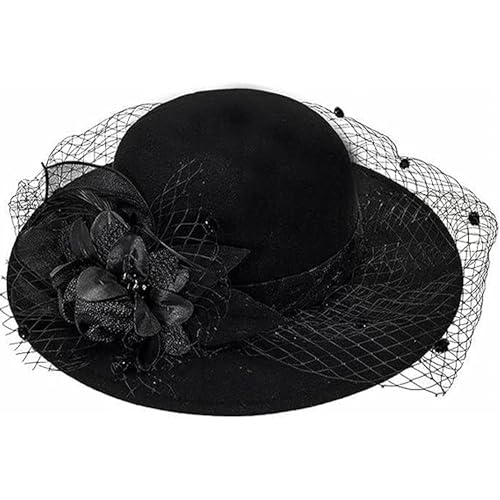UTOWO Black Veil Wide Brim Bowler Hat Flower Decor Floppy Church Cap Funeral Hats for Women Wedding Party Hat Medium