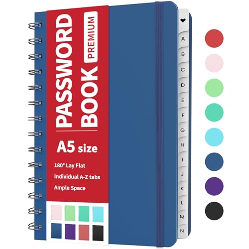 Forvencer Password Book with Individual Alphabetical Tabs, 5.3'x7.6' Medium Size Password Notebook, Spiral Password Keeper Book for Senior, Cute Password Manager Logbook for Home Office, Navy Blue