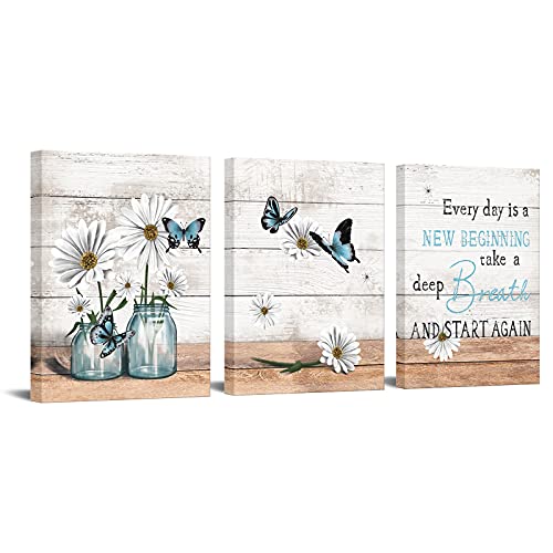 OuElegent 3 piezas de lona rústica arte de pared margarita mariposa pintura imágenes inspiradoras citas impresiones ilustraciones para decoración del hogar