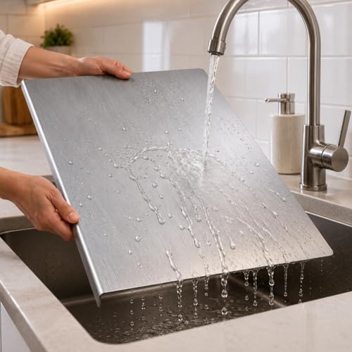 Tablas de corte grandes de acero inoxidable para cocina, tabla de repostería en forma de 'L' antideslizante, alfombrillas de corte, tabla de picar de acero inoxidable, tabla metálica extra grande (70 cm) miniatura 4