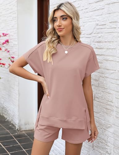 Image of LOMON Womens Fashion 2 Piece Outfits Sweatsuits 2026 Summer Short Sleeve Loungewear Tracksuit Round Neck Lounge Shorts Sets