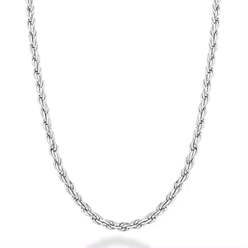 JoyasMinerales Collar Cadena Acero Inoxidable Trenzado para Hombre o Mujer - Plata o Oro - 2mm/3mm/4mm/6mm Ancho - 45-55cm Largo - Con Caja de Joyería (Plata 4mm, 45)