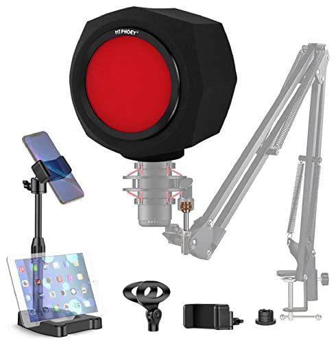 Microphone Windscreen Pop Filter, Recording Shield,Isolation shield Sound-Absorbing Foam Windscreen for Large Mic, Studio Equipment Indoor & Outdoor Recording with Gift Mic Stand&Phone Holder