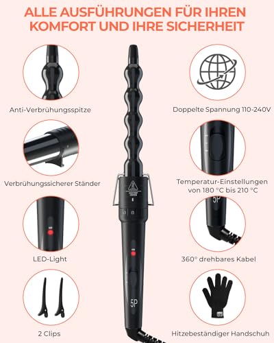 5 in 1 Lockenstab Set, Ohuhu Lockenstäbe 9 to 32 mm mit Verschiedenen Aufsätzen für Große und Kleine Locken, Handschuhe & 2 Clips, Einstellbare Temperatur, Keramikbeschichtung, Geschenke für Frauen