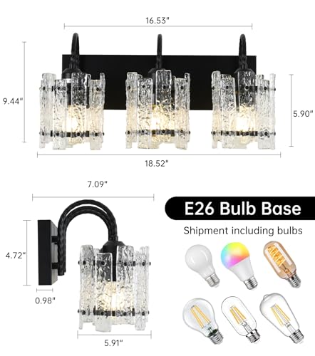 Image of Black Vanity Lights for Bathroom 3 Lights with Stone Texture Round Glass Modern Bathroom Sconce Above Mirror 20in Wall Lamp for Bathroom Living Room Bedroom (Bulbs Included)