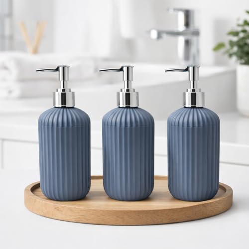 Image of LAGET 300ml Soap Dispenser for Wash Basin - Plane Ribbed Design | Kitchen and Bathroom Accessories Items | Refillable Handwash Dispenser Bottle- Set of 3 (Metallic Blue)