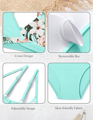 Girls Swimsuit 3 Piece Bathing Suit V-Neck Cross Bikini Set with Cover Up Wrap Skirt Girls' Swimwear 9-16T4