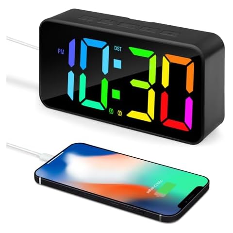Digital Alarm Clocks for Bedrooms, Plug in Digital Clock with Large Numbers NightLight Dual Alarm 12/24Hr DST and Snooze, Loud Alarm Clock for Heavy Sleepers Adults Teens with USB Charger(Black+RGB) Cover