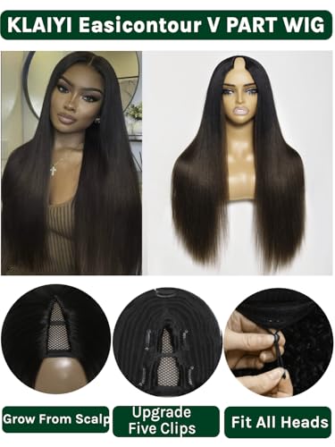 Image of KLAIYI Ombre Brown V Part Wig Yaki Straight Human Hair Upgrade U Part Wig with Dark Root Drawstring Glueless Chestnut Brown Full Head Clip in Half Wig No Leave Out Ready to Wear and Go Wig 150% 24Inch