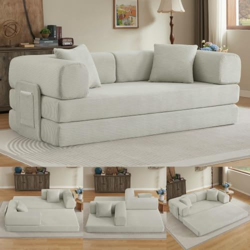 Yihomfy Canapé Convertible 3 Places avec 2 Coussins - Modulable Sofa Lit en Velours Cotelé Respirant À Haute - Clic Clac Canapé Compressé pour Salon Chambre Appartement