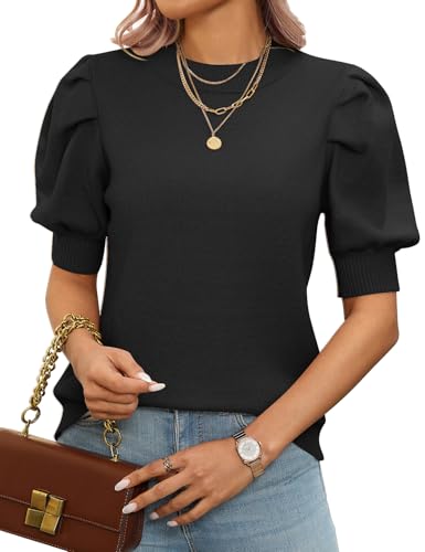 Women's Puff Short Sleeve Sweater Tops Spring Summer Trendy Crew Neck Casual Pullover Sweaters