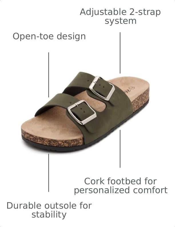 Image of Herstyle Womens Cork Footbed Slides for Women, Double Strap Flat Sandals, Adjustable Buckle Comfort Slip On Shoes, Summer Beach Casual Walking Slippers