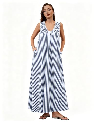 Image of OLAPTA Women Summer Sleeveless Maxi Dress Scoop Neck Ruched Loose Fit Casual Elegant Solid Vacation Long Dress with Pockets