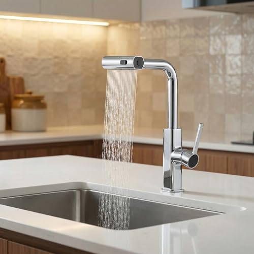 Image of InArt 360 Rotatable Brass Kitchen Faucet, Pull Out Kitchen Faucet with Waterfall Design (Chrome)