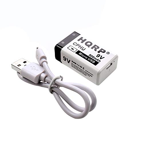 HQRP USB 9V Lithium-Ion Rechargeable Battery, High Capacity 500mAh 9-Volt, 1.5 H Fast Charge, 800 Cycle with Micro USB Cable, Radio Square 6LR61 7.2H5 6KR61 6HR61 PP3 MN1604