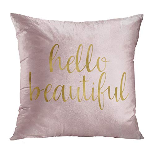 Emvency Decorative Throw Pillow Cover Square Polyester 20 x 20 Inch Cushion Pillowcase Pink Gold Watercolor Hello Beautiful Decorative Pillow Case Girly Home Decor