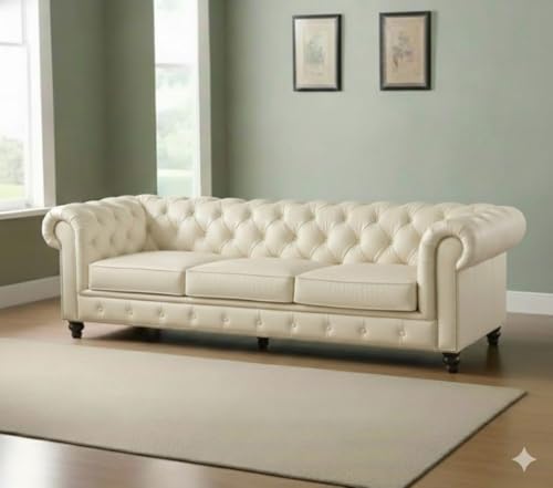 Image of Classic Leatherette Chester Sofa Set Button Tufted, Classic Style Sofa Set 3-Person Sofa for Living Room, Office, and Hallway Colour (Off-White Leatherette, 3+1 = 4 Seater Sofa)