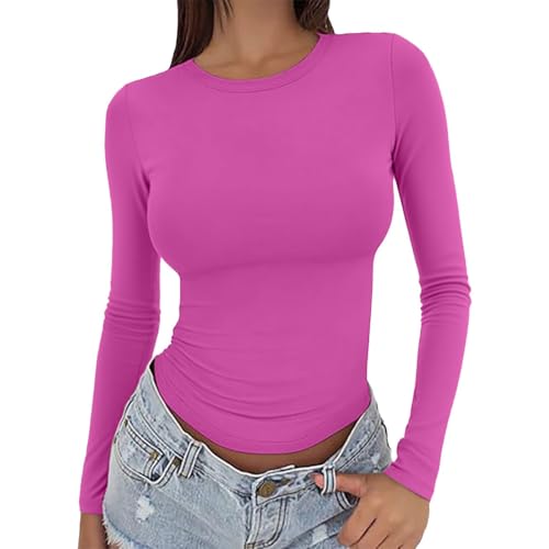 Y2k T-Shirt Basique Femme T-Shirt À Manches Longues Slim Fit Court Shirt Moulant Col Rond Basique Crop Top Couleur Unie Tee Shirts Ajusté Streetwear Tendance Casual Chemises