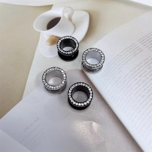 NewZenro Black And Silver Plated Crystal Rhinestones CZ Ear Tunnels Plugs Expander Gauges Stretcher Earrings Screw Stainless Steel Hypoallergenic Body Piercing Jewelry Personalized Gift3