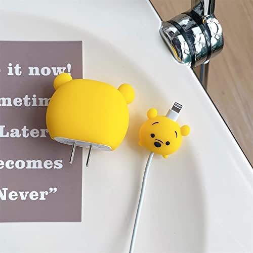 Image of Cartoon 3D Design Protective Case for 18W 20W iPhone 14 13 12 11 Pro Max Fast Charging Cable Adapter Charger, Cute Cartoon Lightning Data Cable Case for iPhone Charger Yellow Bear