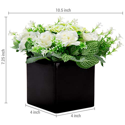 Mygift Artificial White Rose, Fake Flower Bouquet Arrangement In Square Black Ceramic Vase Planter Pot #TOP4