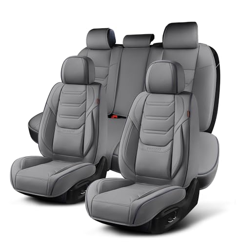 Image of TIEHESYT Leather Car Seat Covers Full Set with Lumbar Support, Breathable and Waterproof Car Seat Cover, Universal Seat Covers for Cars, Trucks, SUVs, Sedans, Airbag Compatible, Gray