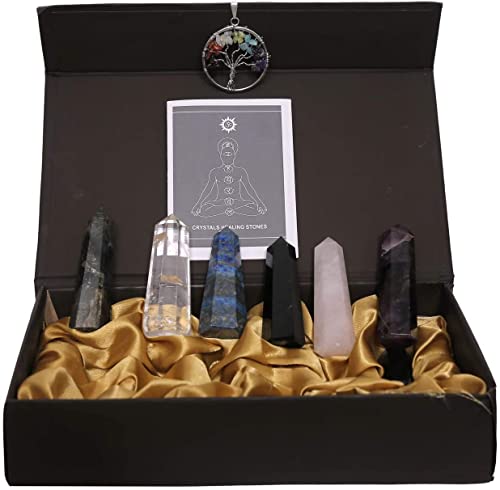 Kuhvai Crystals and Healing Stones Chakra Set, Healing Crystals Wands, Rose Quartz, Clear Quartz, Amethyst, Black Obsidian, Lapis Labradorite, Crystal Gifts 2.25-2.50" 6 Faced Crystal Wands 6 Pcs