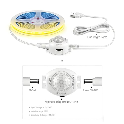 Tira LED COB 5V USB con sensor de movimiento 2m blanco cálido miniatura 3