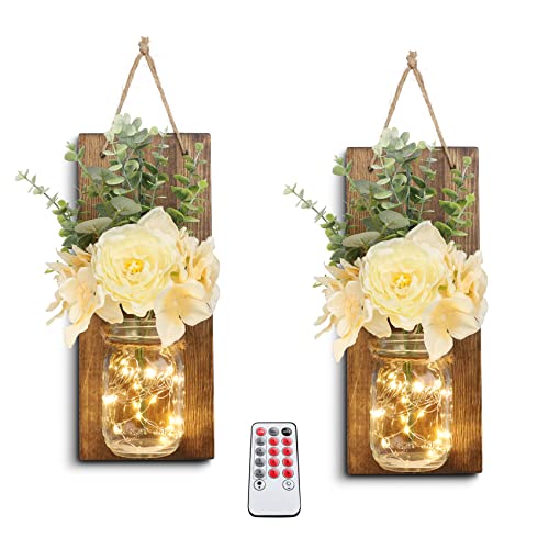 HOMKO Rustikale Wanddekoration, Einmachgläser, Wandleuchter mit Fernbedienung, Multi-Modus-LED-Leuchten und Blumen, hängendes ländliches Bauernhaus, Wohnzimmer, Heimdekoration (2er-Set) - Dunkelbraun Cover
