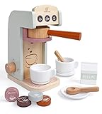 UMFANGREICHES ZUBEHÖR - Dieses Spielset aus Holz enthält eine Kaffeemaschine, einen Filter, 2 Löffel, 2 Tassen, 2 Untertassen, 4 Kaffeebohnen und Milch.