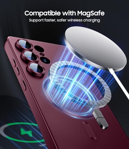 Image of DIZORO Samsung S23 Ultra case Compatible with Mag Safe Matte Luxury Metallic Luster Flexible TPU Shockproof Back Cover with Camera Protector Lens - Wine