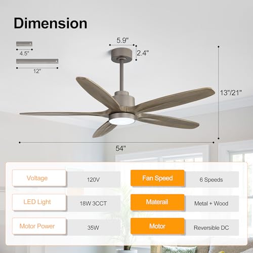 Image of WINGBO 54 inch Ceiling Fan with Light - 5 Carved Solid Wood Blades, 6-Speed Reversible DC Motor, Dimmable, 3CCT, Noiseless Remote Control Ceiling Fans with Lights for Bedroom Living Room, Charcoal Gray
