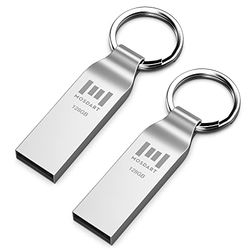 Clé USB 2.0 128 Go MOSDART en métal étanche : lot de 2 clés exFAT argentées avec porte-clés