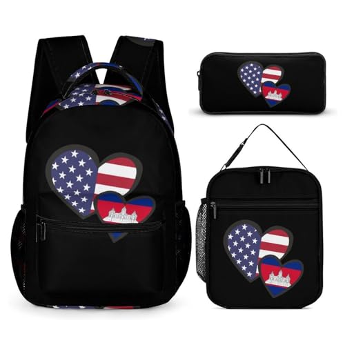 Interlocking Hearts U.S.A. Cambodia Flag Funny Backpack Set Lunch Bag Pencil Case Makeup Bag 3 in 1 for Men Women Travel