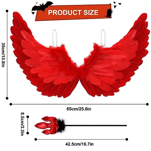 Newthinking Angel Wings and Horns for Adults Kids, Red Feather Wings Halloween Angel Devil Costume Cosplay for Women Girls, 65x35cm
